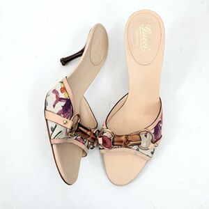 Gucci Vintage Mystic white Bamboo Horsebit Floral Canvas Heeled Mules US 7